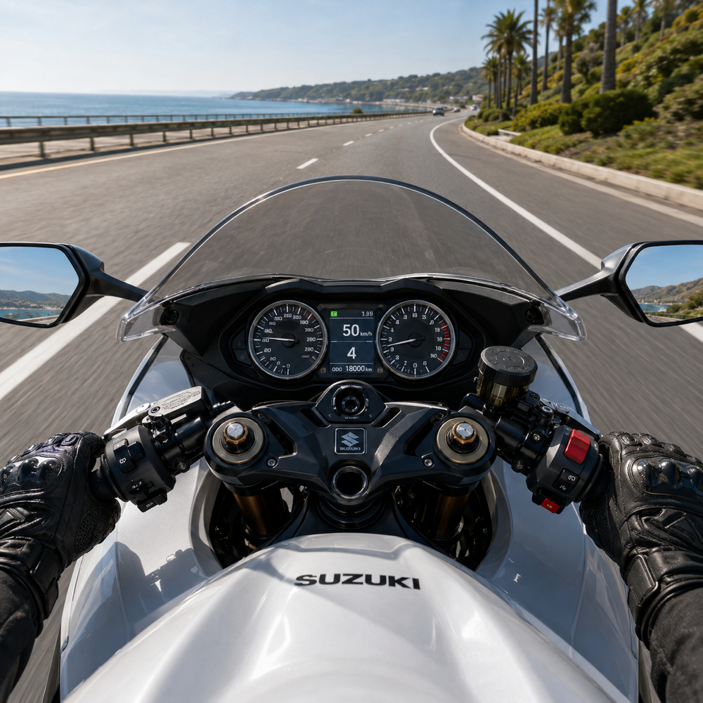 Beyaz Suzuki göstergesinde 18.000 km, sahil otoyolunda dördüncü viteste ilerleyen motosiklet