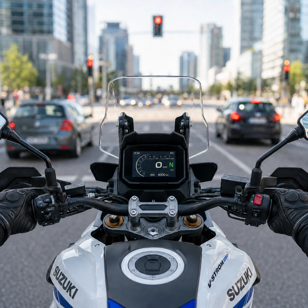 Suzuki V-Strom göstergesinde 6.000 km, kırmızı ışıkta boşta bekleyen motosiklet, şehir görünümü