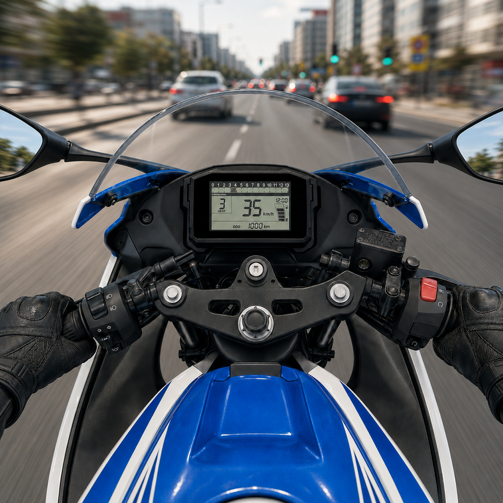 Sürücü gözünden motosiklet göstergesi, kilometre sayacında 1.000 km, şehir trafiğinde ilerliyor