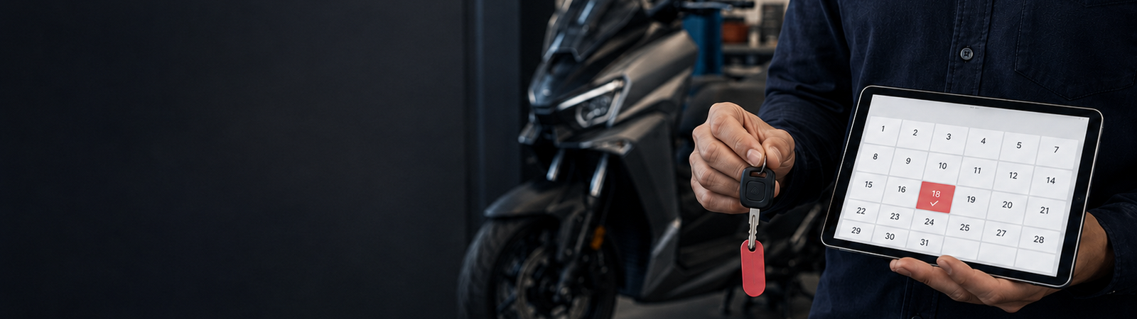 Teknisyen, scooterın varyatör kapağını darbeli anahtarla söküyor