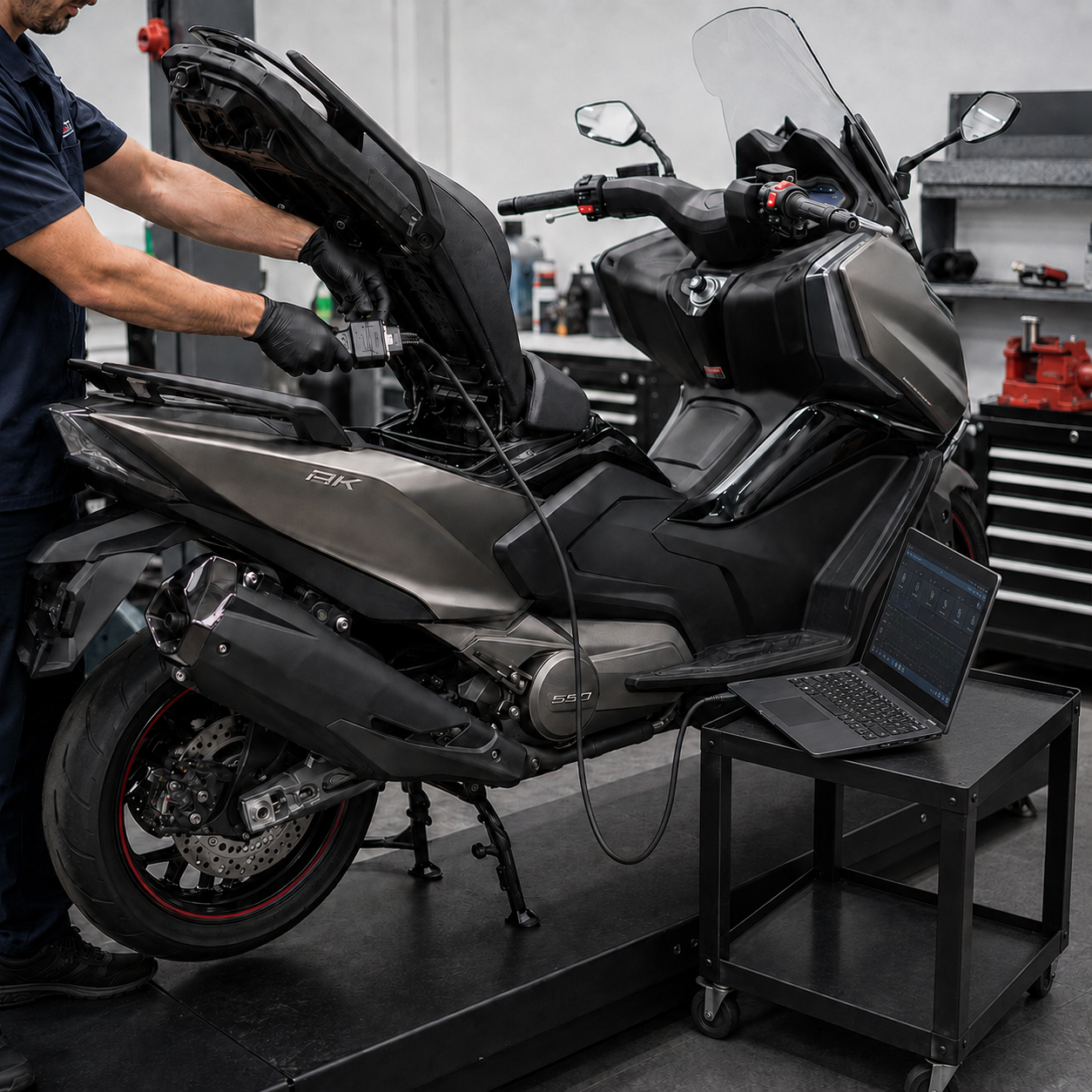 Scooter arıza tespiti; teknisyen elektronik teşhis yapıyor