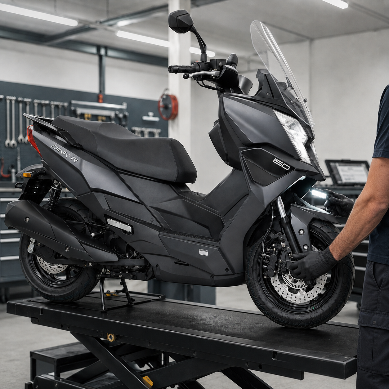 Scooter periyodik bakımda; teknisyen kontrol listesini uyguluyor